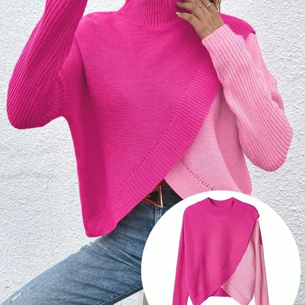 Multicolor Casual Patchwork Women's Long Sleeve Stand Collar Pullover Sweater